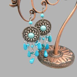 Vintage Avon Faux Turquoise Dangle Earrings, Pierced Wires Southwest Style